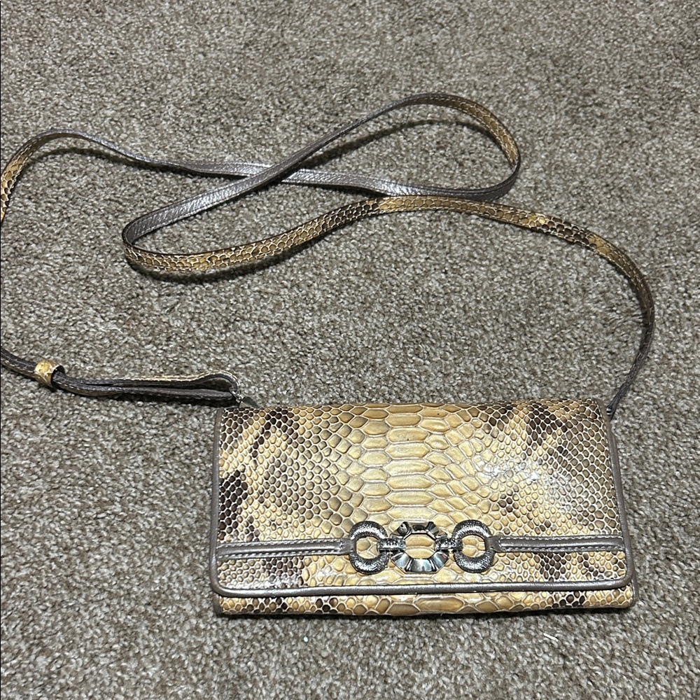 Brighton Snake-Embossed Crossbody Clutch in Beige and Brown